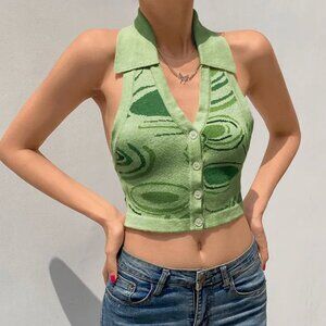 BrickBlack Collared Halter Circle Print Crop Tank Top